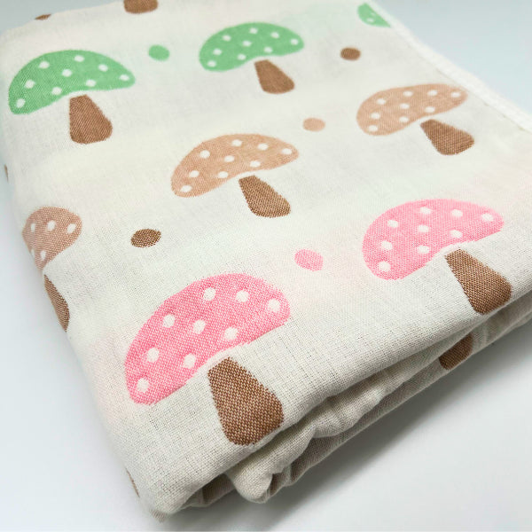 Boucle Home 100% Cotton 6-Layer Babies' Blanket – Double-Sided with Mushroom Patterns, 35.5" x 39.5"