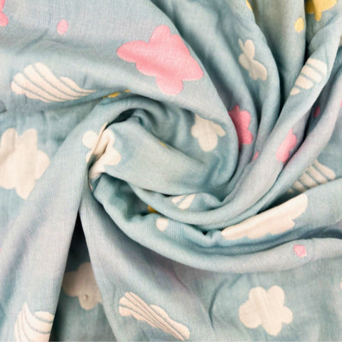 Manta suave de nube para bebé de doble cara | Rayas rosas y amarillas con nubes azules | 35.5 x 39.5