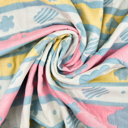 Manta suave de nube para bebé de doble cara | Rayas rosas y amarillas con nubes azules | 35.5 x 39.5