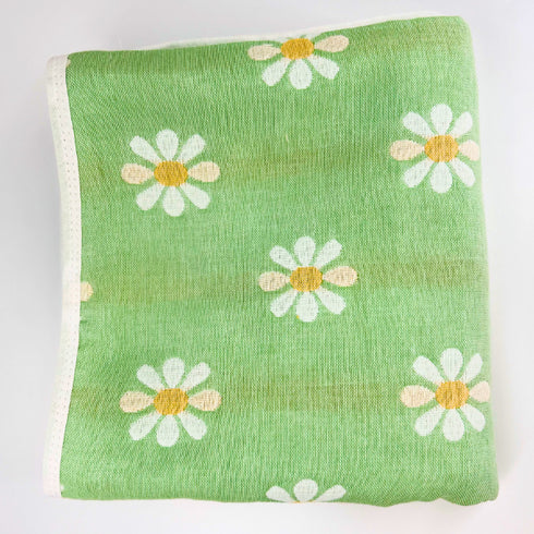 Manta de bebé verde y blanca con margaritas | 100 % algodón | 6 capas | 89 x 100 cm