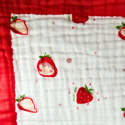 Manta para bebé con estampado de fresas | 100 % algodón | 6 capas | 109 x 109 cm | Suave y transpirable