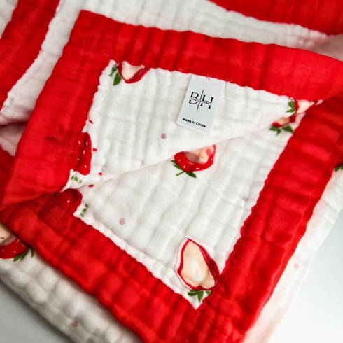 Manta para bebé con estampado de fresas | 100 % algodón | 6 capas | 109 x 109 cm | Suave y transpirable