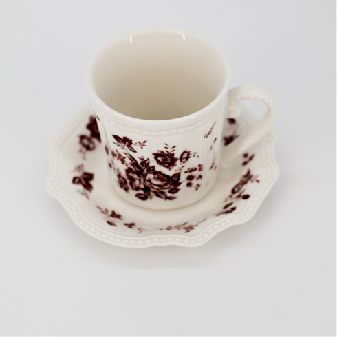 Tea Cup Set With Coaster | Vintage Brown Floral Design