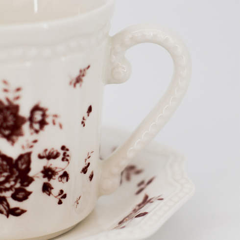 Tea Cup Set With Coaster | Vintage Brown Floral Design