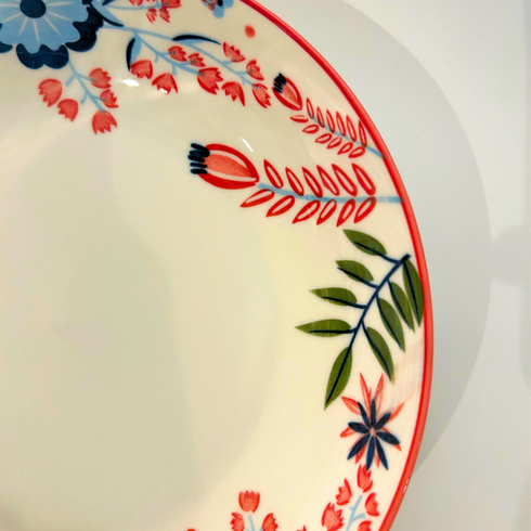 8" Floral Ceramic Plate with Coral Rim
