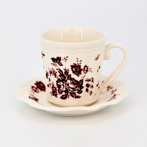 Tea Cup Set With Coaster | Vintage Brown Floral Design
