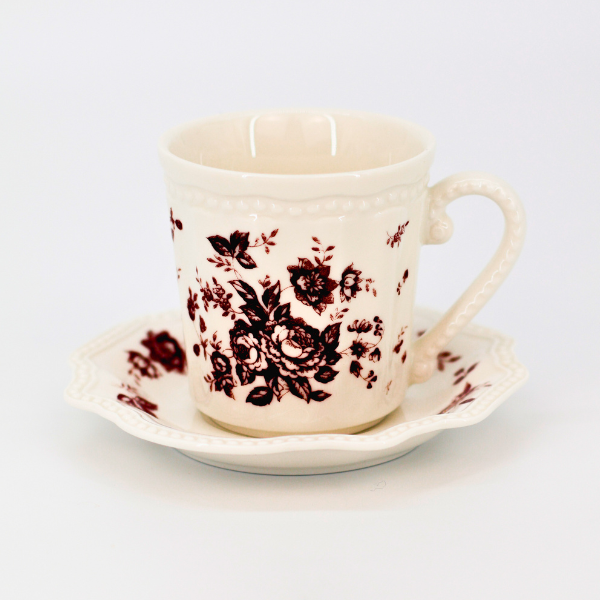Tea Cup Set With Coaster | Vintage Brown Floral Design
