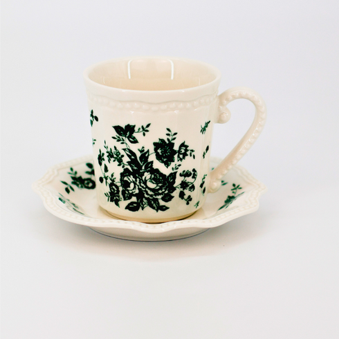 Tea Cup with Saucer | Vintage Green Flowers Design