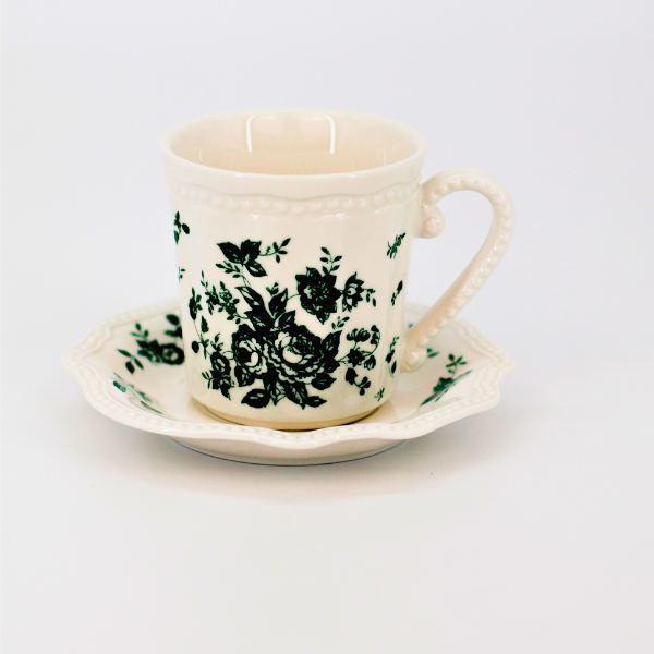 Tea Cup with Saucer | Vintage Green Flowers Design