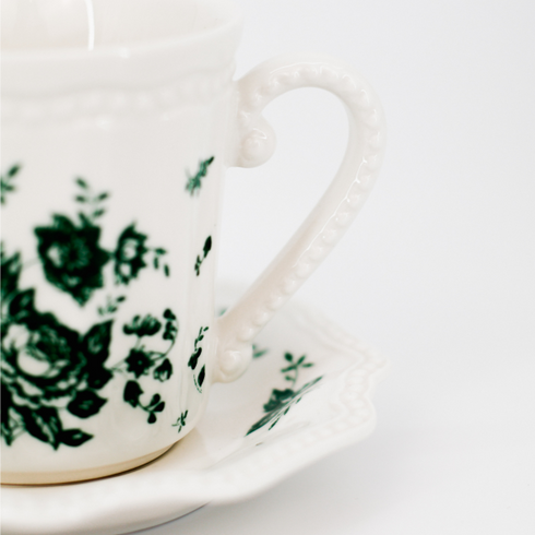 Tea Cup with Saucer | Vintage Green Flowers Design