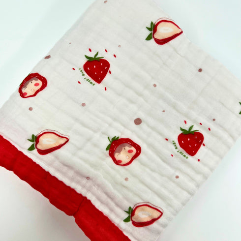 Manta para bebé con estampado de fresas | 100 % algodón | 6 capas | 109 x 109 cm | Suave y transpirable