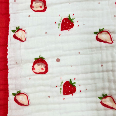 Manta para bebé con estampado de fresas | 100 % algodón | 6 capas | 109 x 109 cm | Suave y transpirable