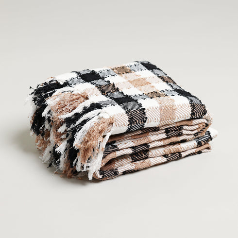 White Khaki Throw Blanket folded up displaying colors and tassels