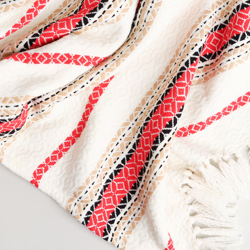 geometric patterned saddle blanket with colors of white, cream, beige, black, and red
