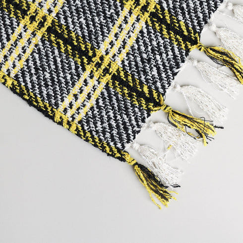yellow and black plaid check throw blanket corner showing tassels and yellow color