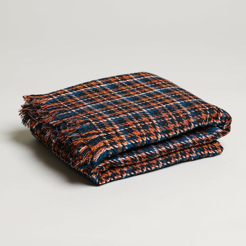 multicolor blue and orange plaid throw blanket with fringe