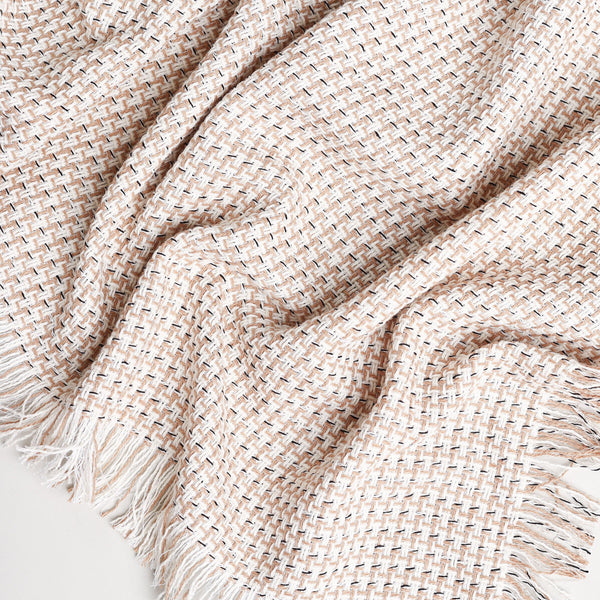 fall plaid beige colored throw blanket with colored fringe on each side