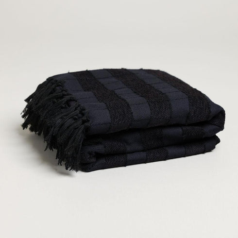 TEXTURED NAVY CHENILLE STRIPED THROW BLANKET - Boucle Home
