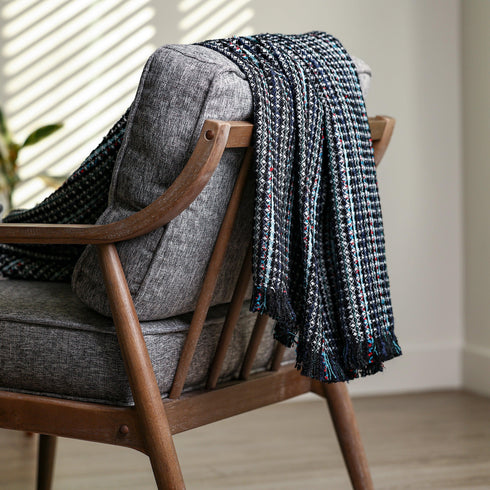 holiday colored navy blue, white and black styled over a chair