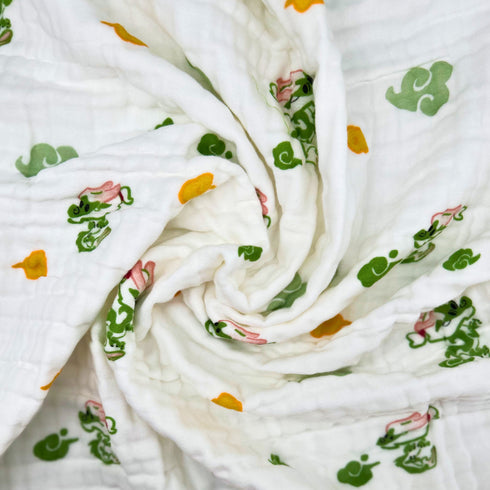 Manta versátil para bebé, color blanco con dragones verdes | 100 % algodón | 109 x 109 cm