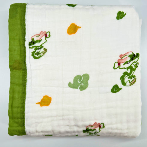 Manta versátil para bebé, color blanco con dragones verdes | 100 % algodón | 109 x 109 cm