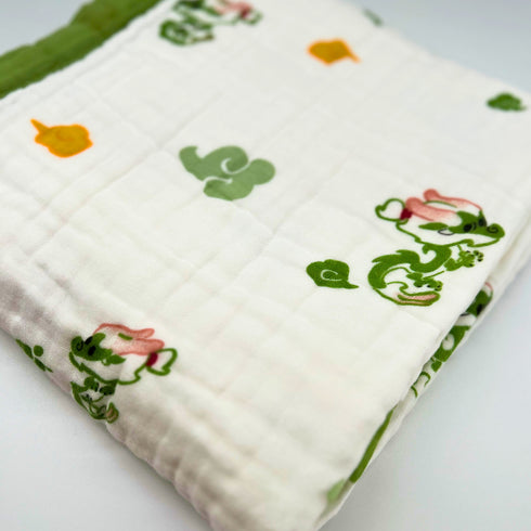 Manta versátil para bebé, color blanco con dragones verdes | 100 % algodón | 109 x 109 cm