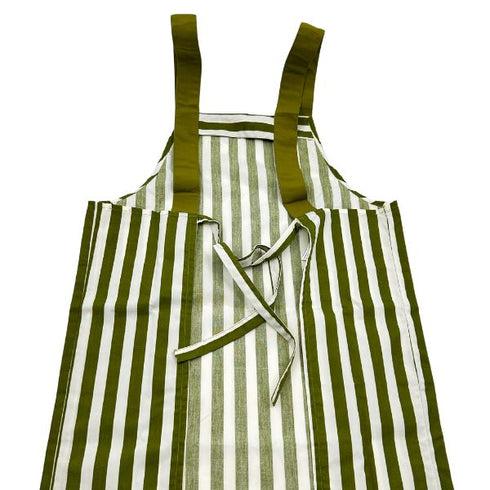 Green Apron with White Stripes and 2 Pockets | Adjustable Neck Strap