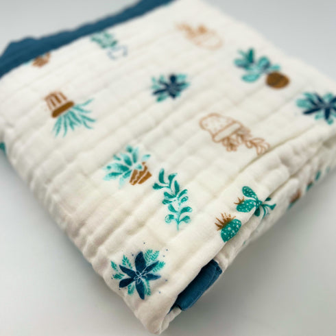 Blue Botanical Bliss | Manta para bebé 100 % algodón