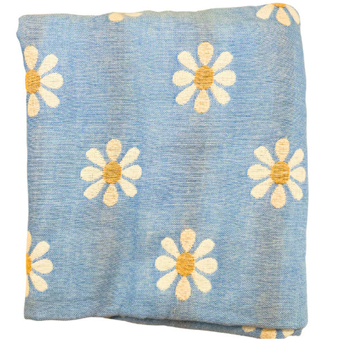 Manta de bebé azul y blanca con margaritas | 100 % algodón | 6 capas | 89 x 100 cm