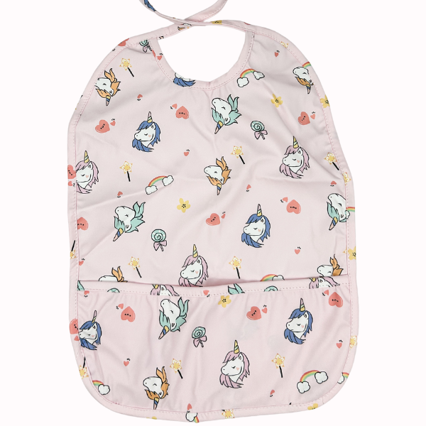 Pink Baby Bib with Unicorn and Hearts Print