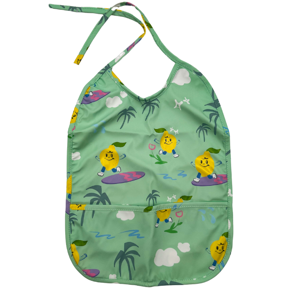 Green Baby Bib with Lemons and Surfboards