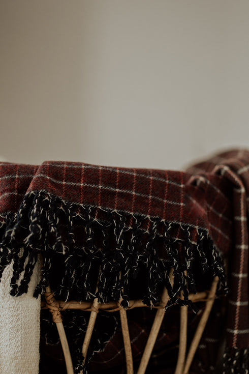 Maroon Wool Throw Blanket with Subtle Stripes 53" X 64" +3.5" TWISTED TASSELS