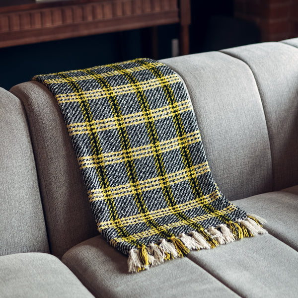 Yellow and Black Unique Plaid Throw Blanket 56" x 70" with 3.5" Tassels