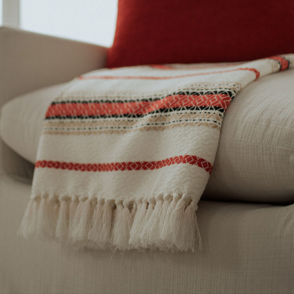 Boucle Home Designed Acrylic Boucle yarn Red and White Blanket 56" x 68" +3.5" Tassels