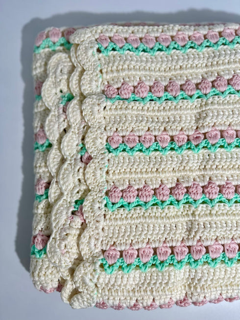 Manta de crochet para bebés y niños, diseño de tulipán, mezcla de algodón y lana, tamaño 40" x 40"
