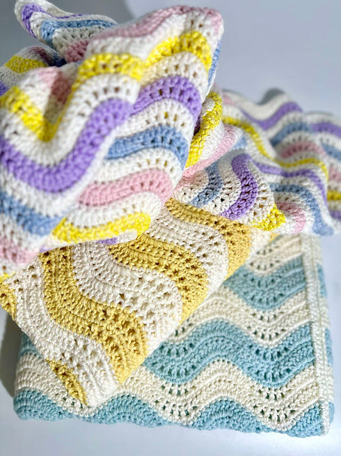 Manta de crochet para bebés y niños, patrón de ondas, mezcla de lana peinada y algodón