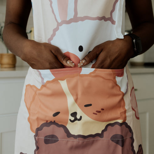 animal print apron close up