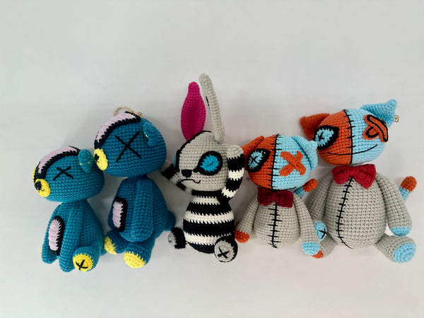 Stripy Bunny with black and white outfit, crocheted, handmade