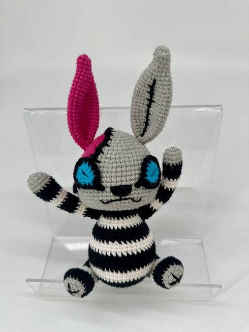 Stripy Bunny with black and white outfit, crocheted, handmade