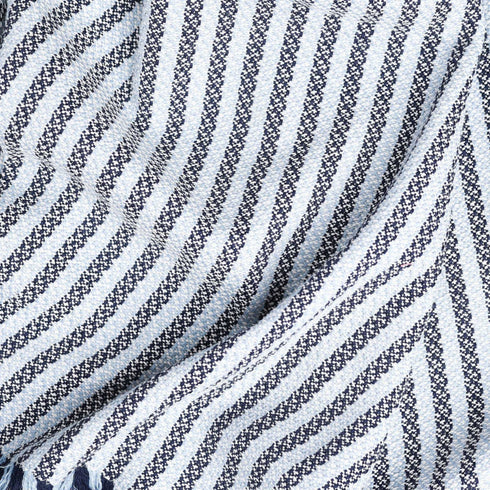 colorful navy blue striped throw blanket textured with lighter and darker blue stripes with a fringe