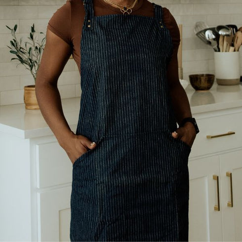 dark denim apron with white stripes
