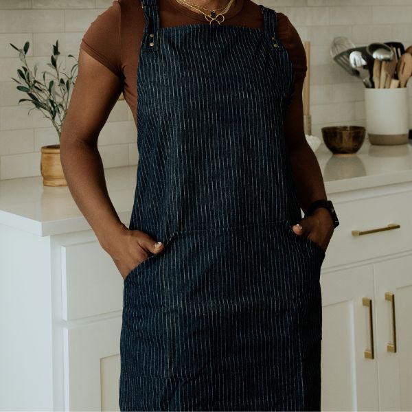 dark denim apron with white stripes