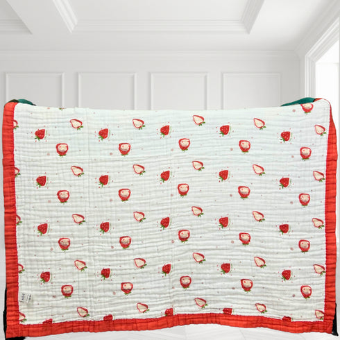 Manta para bebé con estampado de fresas | 100 % algodón | 6 capas | 109 x 109 cm | Suave y transpirable