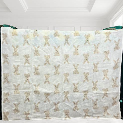 Boucle Home 100% Cotton Babies' Blanket | White with Fluffy Bunny Pattern 39" x 39"