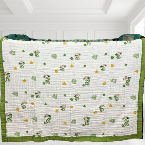 Manta versátil para bebé, color blanco con dragones verdes | 100 % algodón | 109 x 109 cm