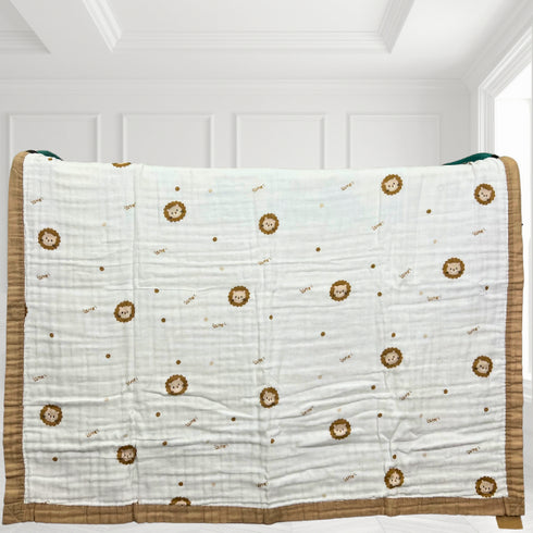 Manta para bebé con estampado de león | 100 % algodón | 6 capas | 109 x 109 cm | Suave y transpirable