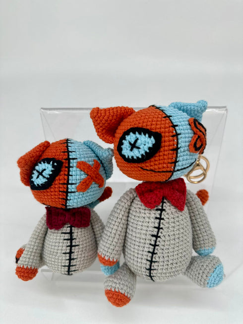 Crocheted stuffed patchwork cat